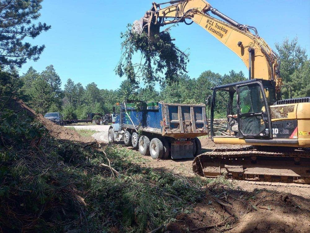 Heavy machinery clearing trees, with a loader dumping debris into a truck at a forest site.